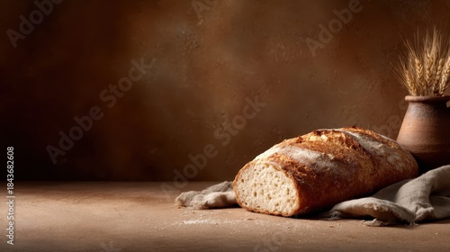 Wallpaper Mural A beautifully baked artisan loaf of bread rests on a soft cloth, surrounded by a warm, earthy background, creating an inviting atmosphere perfect for culinary moments and rustic charm. Torontodigital.ca