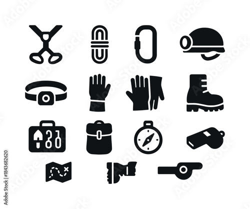 Speleo Gear Icons. Speleo Equipment. Solid icon set of Speleo Eq