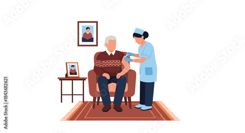 Nurse administering a vaccine to an elderly man sitting in a chair at home in a looping animation promoting immunization.