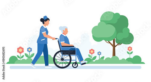 Caring nurse pushing an elderly woman in a wheelchair through a park in a seamless loop animation illustrating senior care.