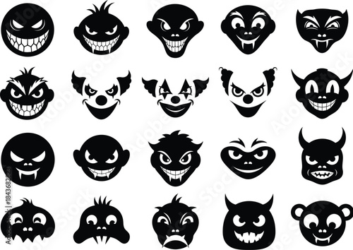 Collection of cartoon monster faces on white background isolated on white background
