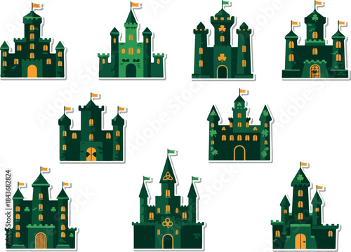 Array of green castles with turrets flags windows and sticker outlines