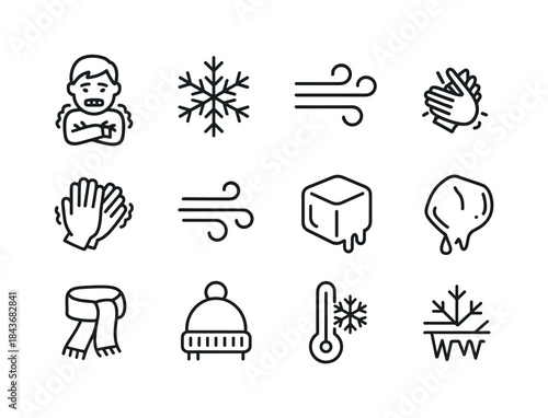 Winter Line Icons. Shiver. Line icon set of Shiver: cold person,