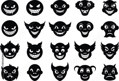 Collection of black devil faces on white background isolated on white background