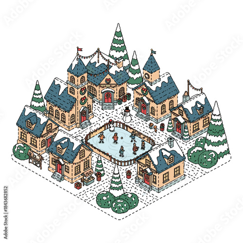 Isometric design of a cheerful winter village with ice skating rink  
