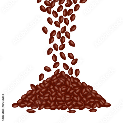 Falling flax seeds forming a heap on a white background. Close-up