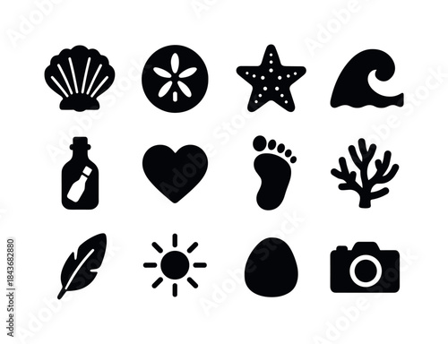 Beach Memory Icons. Beach memories. Solid icon set of beach memo