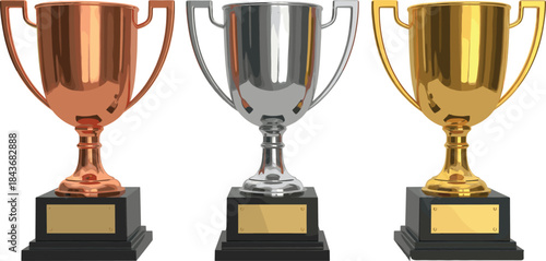 Set of bronze silver and gold winner trophy cups on black bases for competition award vector illustration