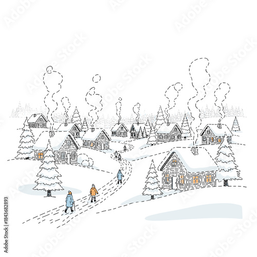 Peaceful winter village with residents walking in snowy landscape