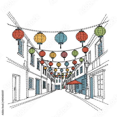 Quaint village street decorated with festive lanterns for winter holidays  