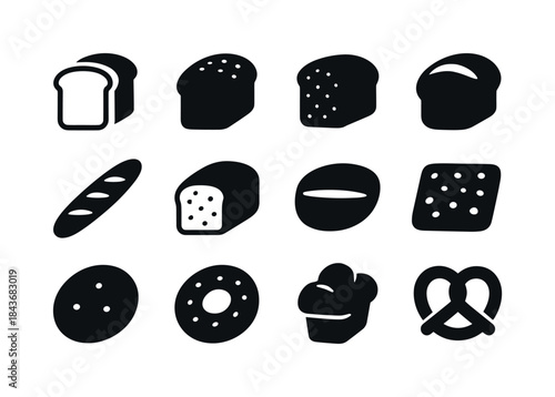 Diverse Bread Icons. Bread Types. Solid icon set of Bread Types: