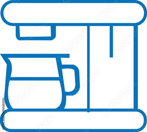Blue outline icon of a coffee maker with a carafe, simple line art illustration of a drip coffee machine