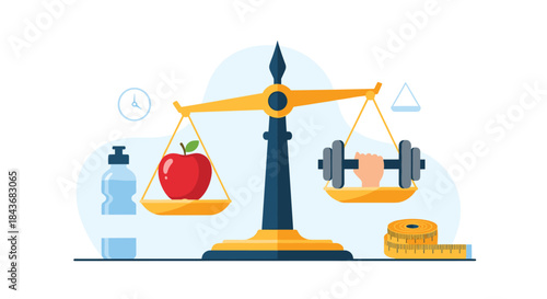 Scales of justice balancing an apple and a dumbbell, symbolizing the importance of a healthy diet and exercise for wellness.