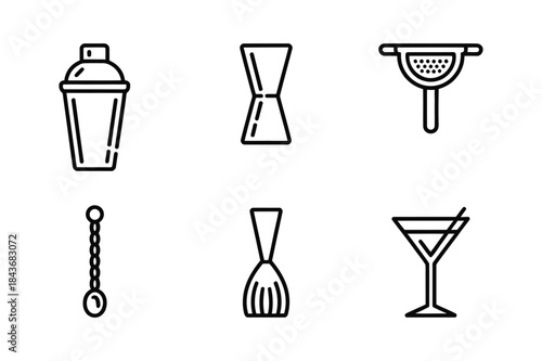 A set of essential cocktail making equipment and glassware icons for bartending