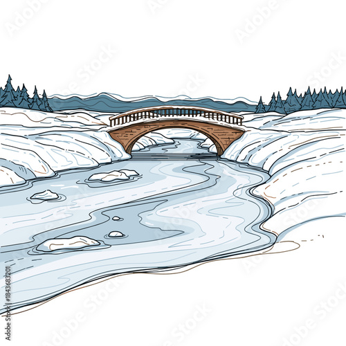 Winter landscape with frozen river and wooden bridge in snowy setting  