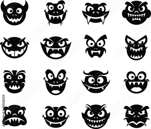 Collection of sixteen black monster faces on white background isolated