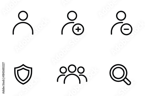 Outline icons for user management, security, and search functionality