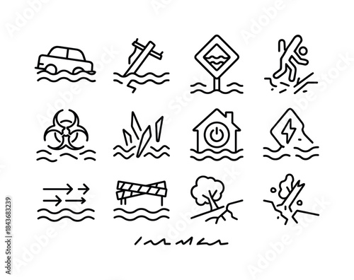 Flood Hazard Icons. Flood Hazards. Line icon set of Flood Hazard