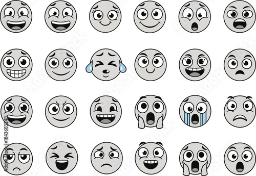 Collection of hand drawn emoticon faces isolated on white background