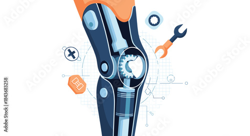 Animated diagram of a prosthetic knee with rotating gears and pulsing icons, illustrating the mechanics of a bionic limb.