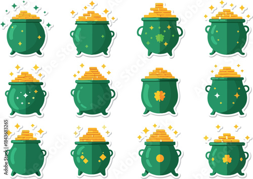 Collection of twelve green leprechaun pots of gold with varied designs  sparkling light