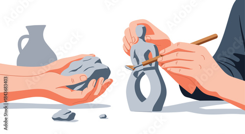 Creative process of sculpting a figure from clay shown in a seamless looping animation, representing art, craft, and creation.