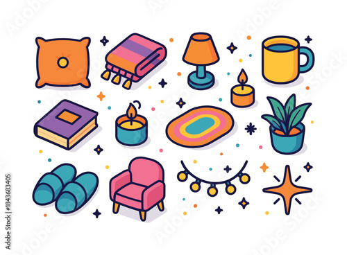 Colorful Relaxation Icons. relaxing space. Colorful isometric ve