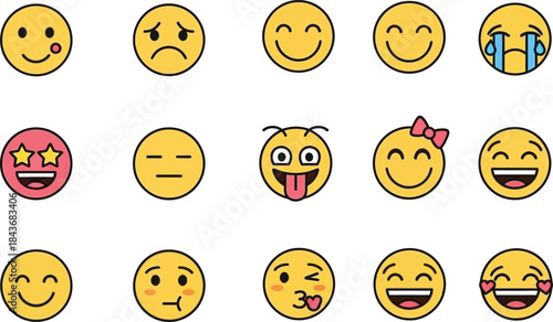 Collection of various yellow emoticon faces isolated on white background