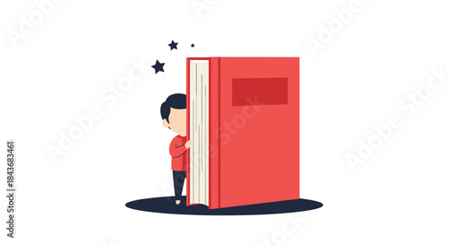 Shy boy peeking from behind a large red book in a cute looping animation that represents curiosity, reading, and learning.