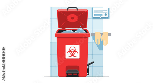 Medical biohazard waste bin with the lid opening and closing in a seamless loop animation for healthcare and safety concepts.