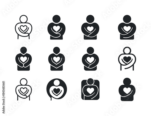 Self-Love Emblem Icons. A person hugging themselves, practicing