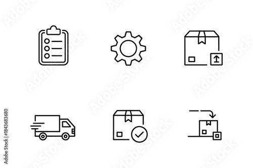 Shipping and logistics business process minimal line icons set for delivery flow