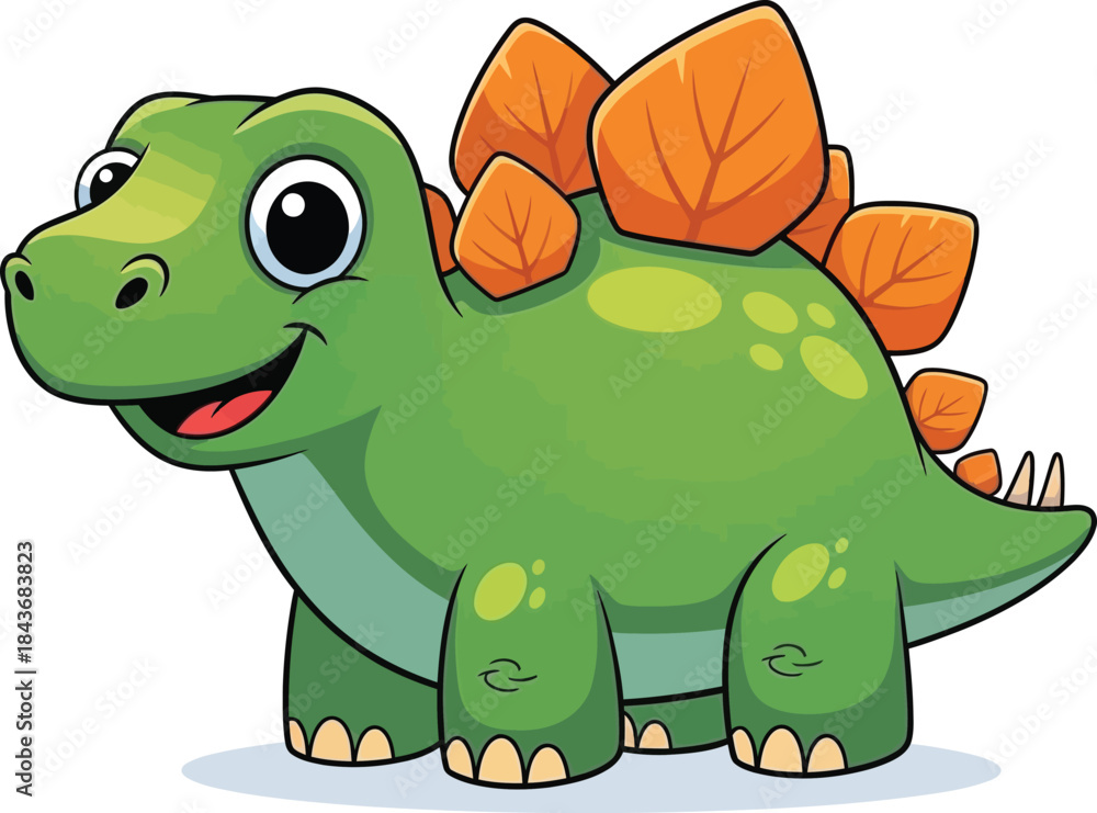 Fototapeta premium Happy cartoon green dinosaur with orange spikes on white