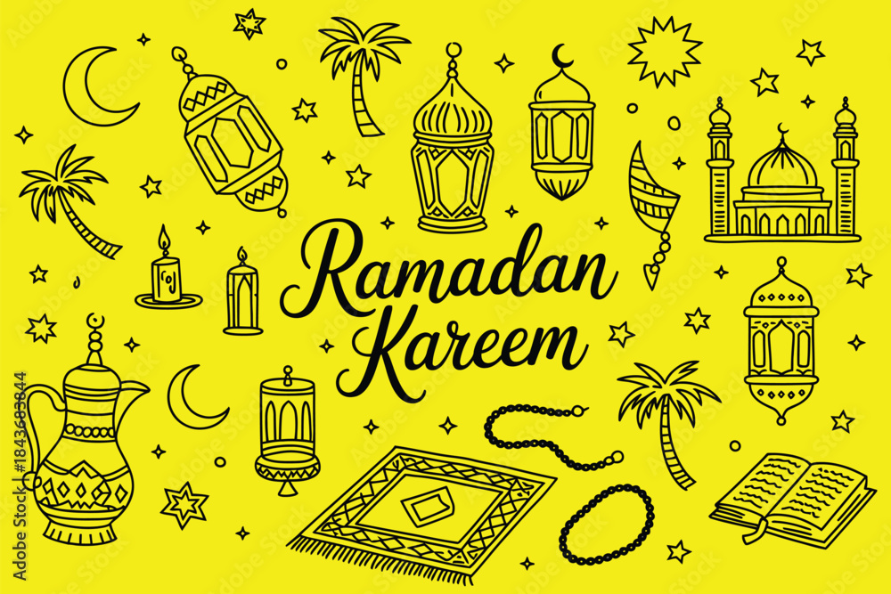 Naklejka premium set of islamic doodles and ramadan clip art for prints, stickers, coloring pages, signs, sublimation, greeting cards, posters, and creative religious design projects.