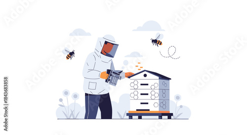 Beekeeper in a protective suit tending to a beehive with a smoker in a looping animation illustrating the practice of apiculture.