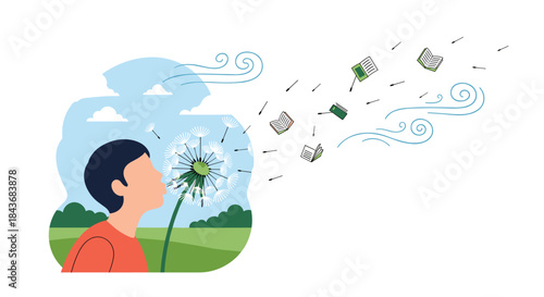 Boy blowing on a dandelion, its seeds transforming into flying books, a creative looping animation about imagination and learning.