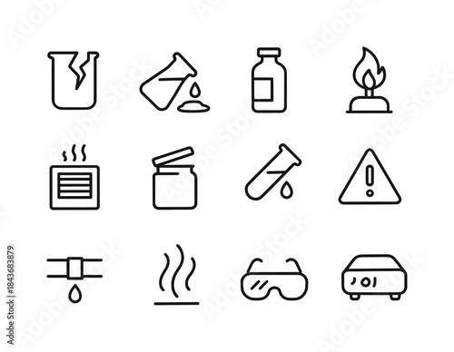 Lab Safety Icons. Lab hazards. Line icon set of lab hazards: bro