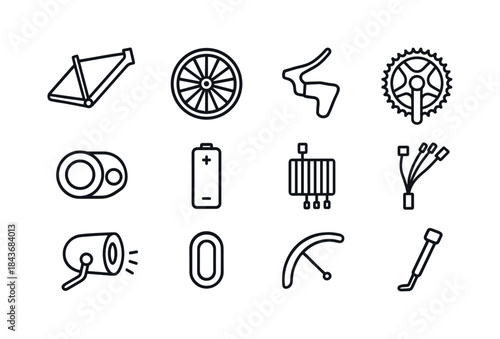 E-Bike Components Icons. E-Bike Components. Line icon set of E-B