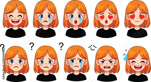 Cartoon woman with various facial expressions isolated on white background