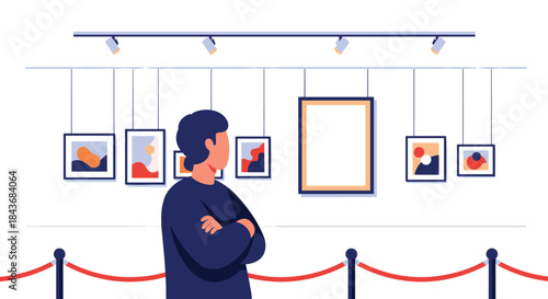 Man looking at paintings in an art gallery or museum in a seamless loop animation, representing culture and appreciation of art.