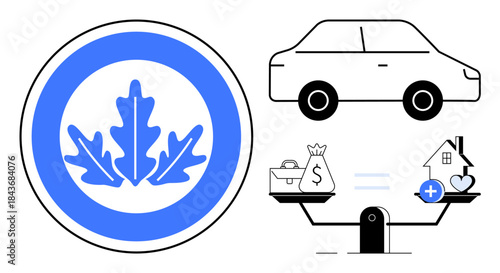 Financial balance concept. Financial symbols show balanced decision making involving cars, money, and housing. Financial planning for a stable future, budgeting, saving. Broadly conceptual finance