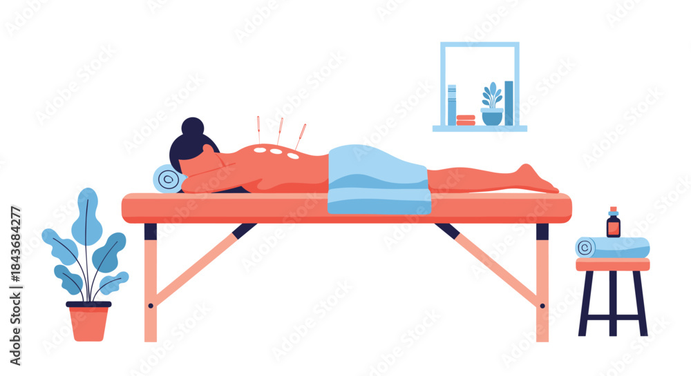 Naklejka premium Woman relaxing on a massage table while receiving an acupuncture treatment for pain relief and wellness in a therapy room.