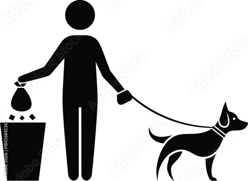 Person walking dog and picking up dog waste isolated on white background