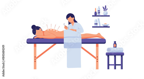 Professional female acupuncturist applying needles to a patient's back during a treatment session in a calm spa clinic.