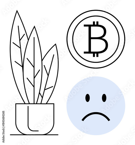 Cryptocurrency concept. Bitcoin symbol paired with a plant and sad face cryptocurrencys environmental concerns. Cryptocurrency and sustainability issues. For finance, ecology, digital economy