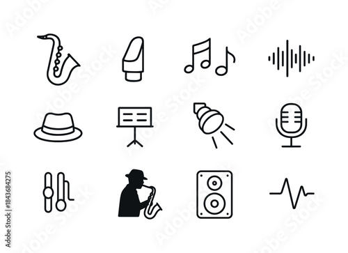 Saxophone Music Icons. Saxophone music. Line icon set of Saxopho