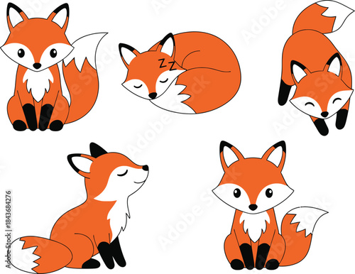 Set of cartoon red foxes in various poses isolated on white background
