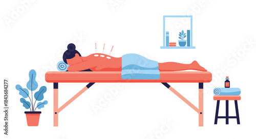 Woman relaxing on a massage table while receiving an acupuncture treatment for pain relief and wellness in a therapy room.