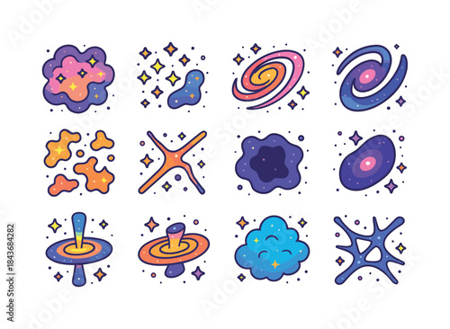 Isometric Cosmic Icons. Cosmic structures. Colorful isometric ve