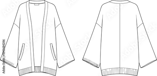 Oversized Kimono Cardigan Technical Fashion Illustration, Wide Sleeves, Dropped Shoulders, Patch Pockets, Ribbed Hem and Cuff Detail, CAD Drawing Vector Template.